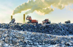 Dump trucks unloading garbage over vast landfill. Smoking industrial stacks on background. Environmental pollution. Outdated method of waste disposal. Survival of times past. Plastic & Climate: The Hidden Costs of a Plastic Planet.