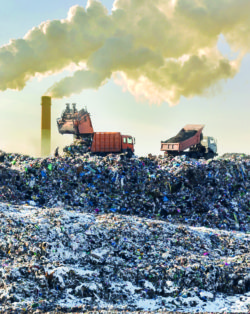 Dump trucks unloading garbage over vast landfill. Smoking industrial stacks on background. Environmental pollution. Outdated method of waste disposal. Survival of times past. Plastic & Climate: The Hidden Costs of a Plastic Planet.