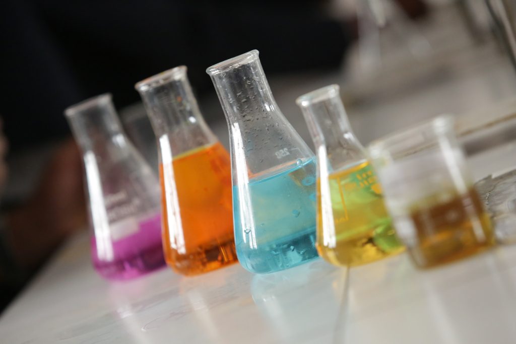 colorful chemicals in beakers