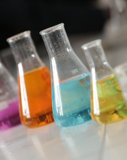 colorful chemicals in beakers