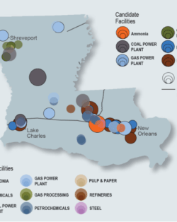 Map of Louisiana with dots representing where candidate facilities are located.