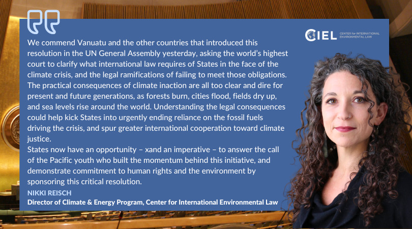 CIEL celebra la presentación de una resolución de la ONU que busca asesoramiento legal del tribunal más alto del mundo sobre derechos humanos y cambio climático