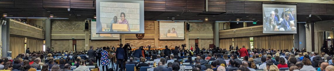 Large group of people gather in a conference hall at the UNEP compound. They are seated with their backs to the photographer.