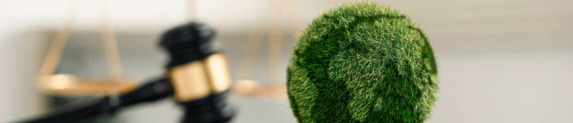 Green globe placed on top of a book and gavel.