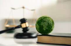 Green globe placed on top of a book and gavel.