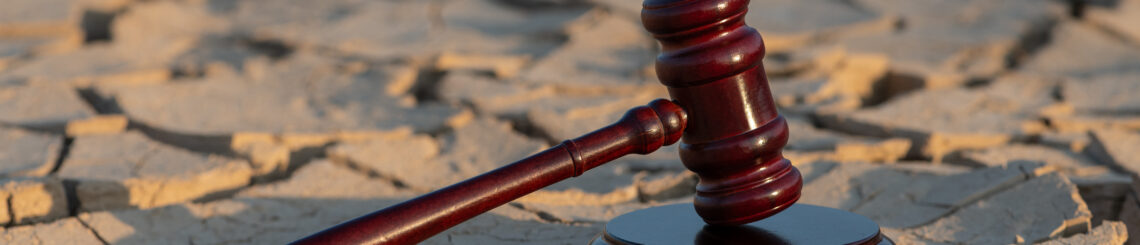 A judge's gavel resting on dry ground, symbolizing the legal system, climate change