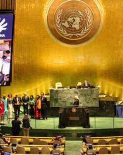 Delegation representing the Global Coalition of Civil Society, Indigenous Peoples, Social Movements, and Local Communities for the Universal Recognition of the Right to a Clean, Healthy, and Sustainable Environment accepts the UN Human Rights Prize.