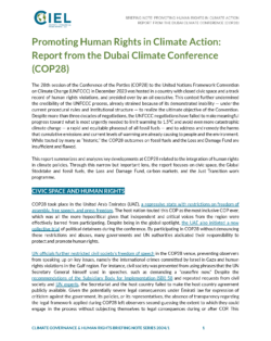 A document titled 'Promoting Human Rights in Climate Action - Report from COP28'