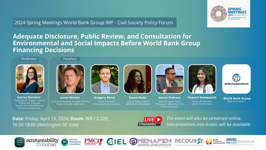 Flyer for event on adequate disclosure in World Bank financing.