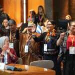 Indigenous Peoples of the Americas stand at a plenary session during third meeting of the Conference of the Parties (COP3) to the Escazú agreement