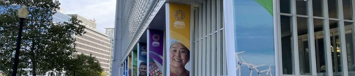 World bank building with large vertical banner promoting 2024 world Bank annual Meetings